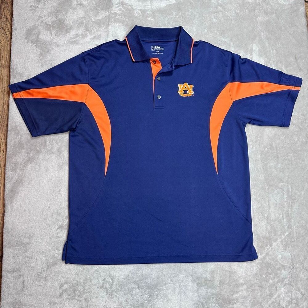 Auburn Tigers~Mens~PGA Tour Golf Polo Shirt Blue/Orange Embroidered Logo~Size Lg